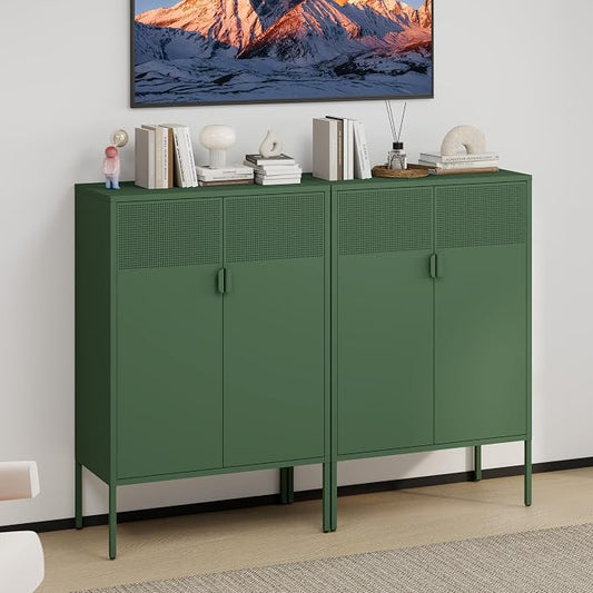 47''H Green Metal Storage Cabinet with 2 Adjustable Shelves, 2 Door Accent Cabinet, 3-Tier Metal Locker with Vent Hole, TV Stand for Entryway, Home Office, Music Studio, Home Office