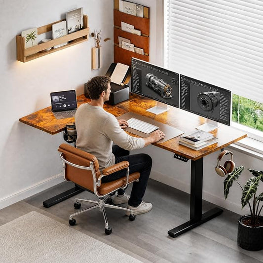 Muvai 71 Inch L Shaped Standing Desk Adjustable Height with Cable Management Tray,Gaming Electric Corner Standing Desk, Sit Stand Computer Table with Reversiable Splice Board, Rustic Brown
