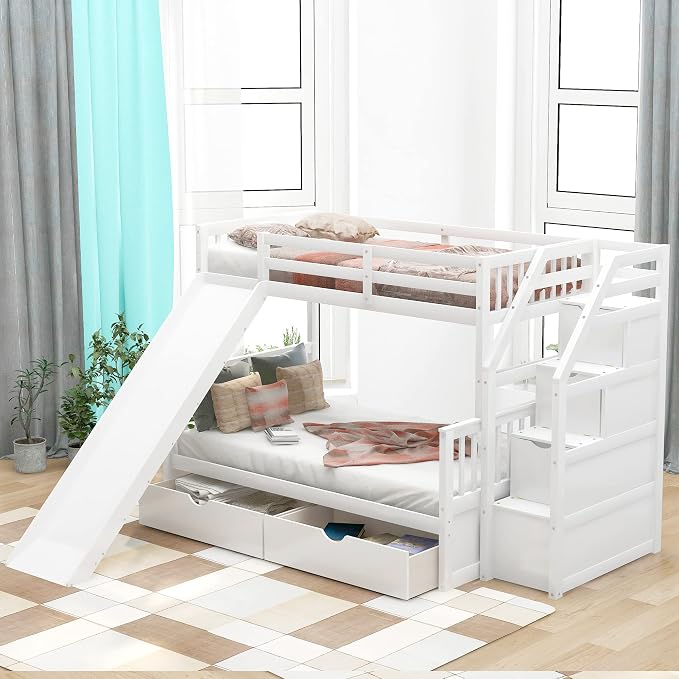 RUNNA Twin Over Full Bunk Bed with Slide,Storage Drawers,Play House, White | Twin over full bunk bed with slide,storage,ladder,play house design,solid wood frame,guardrails,no box spring needed,White