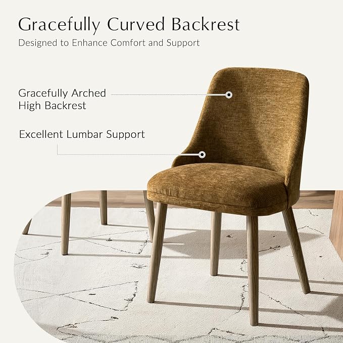 Upholstered Dining Chairs Set of 6, Fabric Dining Room Chairs with Curved Backrest, Solid Wood Legs, Modern Kitchen Chairs for Dining Room Living Room, Golden