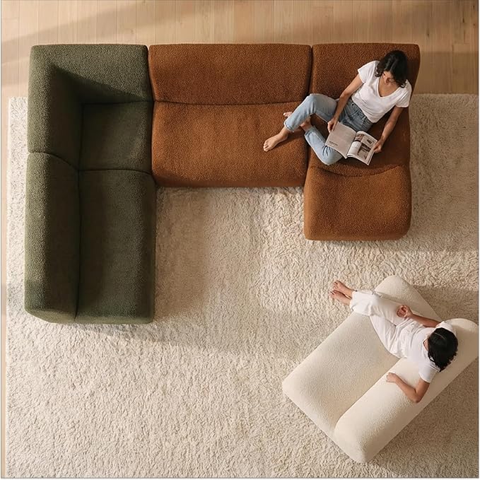 Vothio Curved Sectional Modular Couch with Chaise, Modern 110.24'' Boneless Sofa with Deep Seat, Sherpa Boucle Cloud Couch for Living Room, Cozy Teddy 3 Seater Couches,No Assembly, Brown
