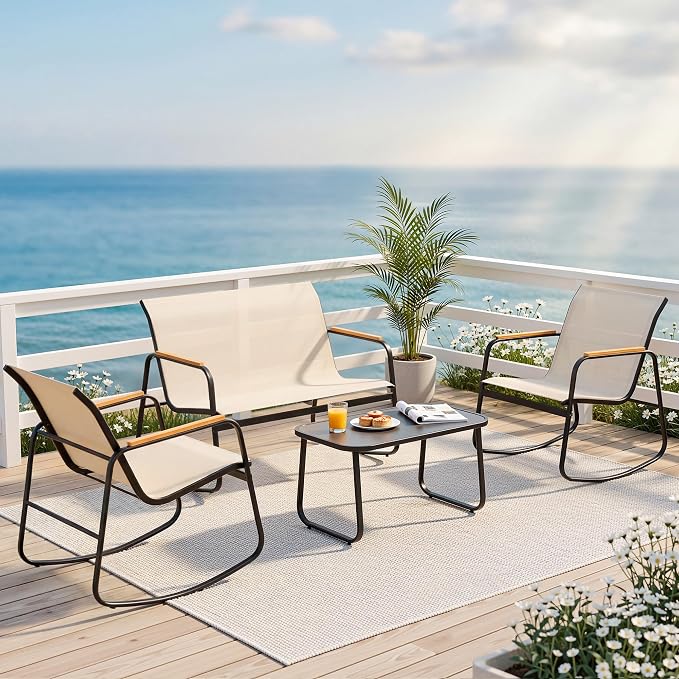 DWVO 4-Piece Patio Furniture Set, Textilene Conversation Set with Wooden Armrest Rocking Chairs and Tempered Glass Table for Indoor Outdoor Patio Lawn Garden Poolside, Brown