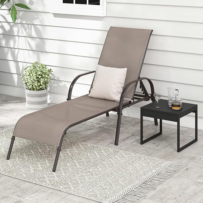 Giantex 2 Pack Patio Lounge Chair, Outdoor Chaise Lounge with 5 Adjustable Backrest, Sturdy Steel Frame, Sunbathing Recliner, Beach Chair, Tanning Chair for Outside, Yard, Balcony, Pool Chairs, Brown