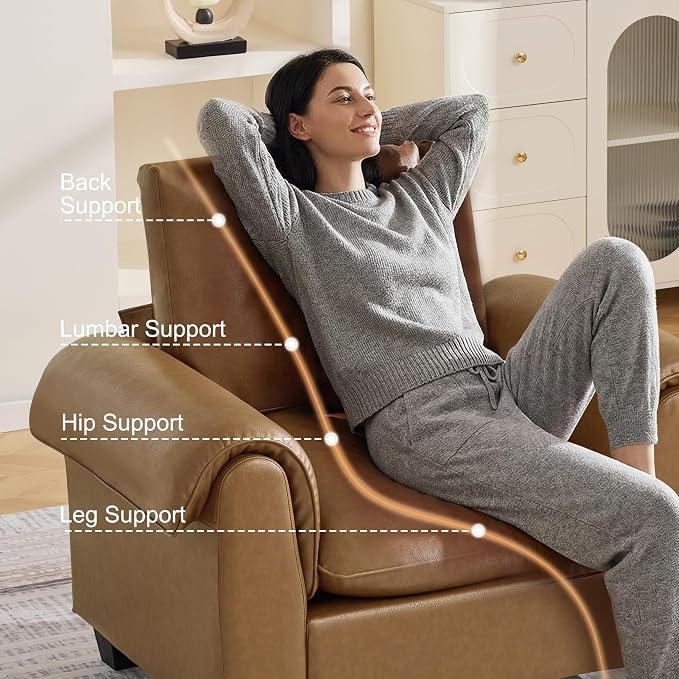 44.5" Faux Leather Single Sofa Sofa, Oversized Accent Chair with Curved Armrests, Cloud Modern Sofa Upholstered Deep Seat Reading Chair Armchair for Living Room, Bedroom,Light Brown