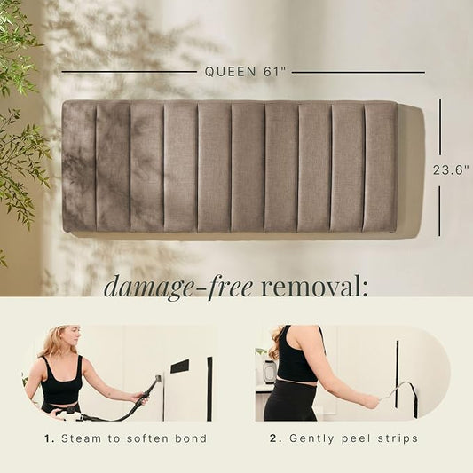 Hearth & Harbor Wall Mounted Queen Headboard Only, Bed Headboard Queen Size | Easy Assemble, Floating Peel & Stick, Upholstered Channel Stitched, 3D Wall Panels, 5 Strips of 3M Tape Included, Mocha Brown