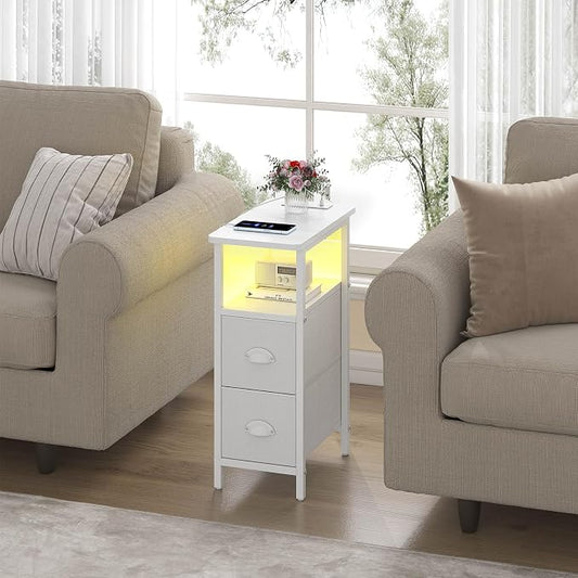 sthmec Narrow End Table with Charging Station, Narrow Side Table with 2 Fabric Drawers, LED End Table, Slim Nightstand with LED Light, Small Side Table for Small Spaces, Living Room, Bedroom, White