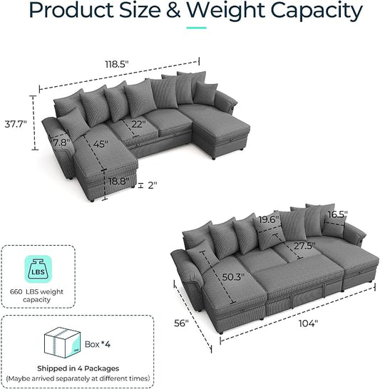 LINSY HOME Oversized Sectional Sleeper Sofa with Pull Out Couch Bed (Gray, 118.5'') | USB Charging