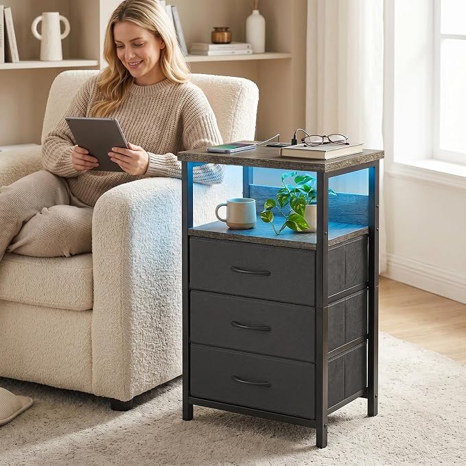 Fixwal Night Stand with Charging Station, LED Nightstand with U-S-B Ports and Outlets, 3 Fabric Storage Drawers with PU Finish, Bed Side Table, Charcoal Gray