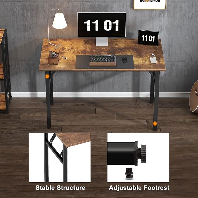 Need 39.4 Inch Folding Desk for Small Spaces, Home Office Computer Desk with Rustic Brown Tabletop & Black Metal Frame, Foldable Writing Table for Study, Bedroom, Dorm Room & Student