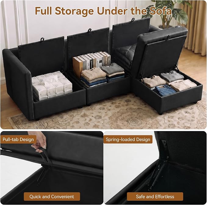 80" Black Faux Leather Storage 3 Seater Sofa with Ottoman, Comfy Couch | Convertible Modular Sectional Sofa, L Shaped Oversized Couch, Upholstered Large Cloud Couch For Living Room, Apartment.