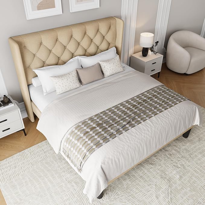 Einhomn Queen Size Platform Bed Frame with Fabric Upholstered Wingback Headboard, 11" Under Bed Space, Wooden & Metal Slats Support, No Box Spring Needed, Beige
