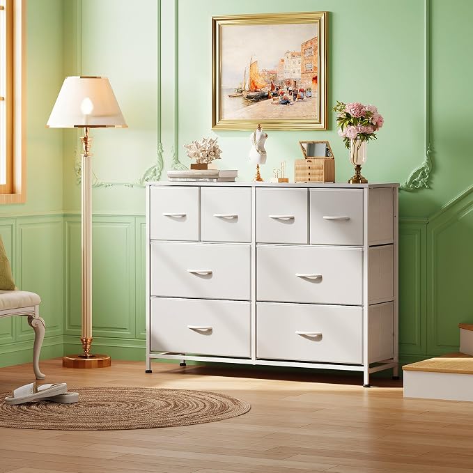 WLIVE Dresser for Bedroom with 8 Drawers, Wide Fabric Dresser for Storage and Organization, Bedroom Dressers, Chest of Drawers for Living Room, Closet, Hallway, White