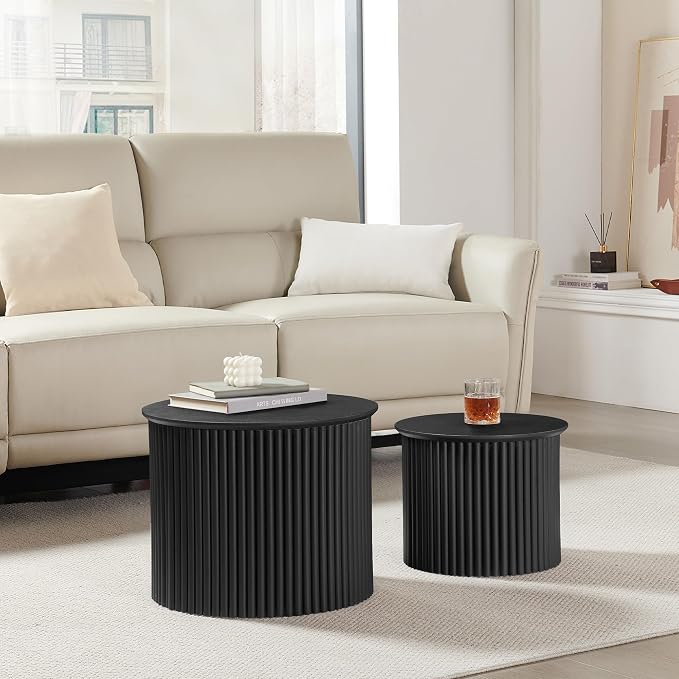 AVZEAR Round Nesting Coffee Table Set of 2, Small Fluted Coffee Table Circle Side Table, Mid Century Modern Wood Nesting Tables Farmhouse End Table Set for Living Room, Bedroom, Small Spaces(Black)