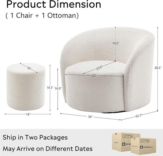 KINWELL 34" Boucle Swivel Barrel Chair with 18" Round Ottoman Set, Fully Assembled Set of Sherpa Accent Chair and Footrest, Modern Comfy Armchair and Footstool for Living Room and Bedroom, Cream
