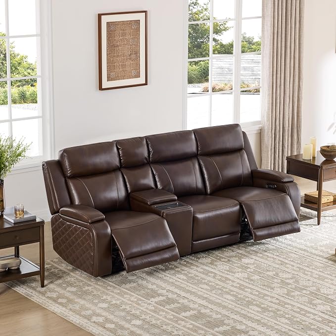 Watson & Whitely Genuine Leather Power Recliner Sofa with Console, 3 Seater Zero Gravity Reclining Sofa with Power Headrest & Flip Middle Backrest Table, Cup Holders for Living Room, Dark Brown