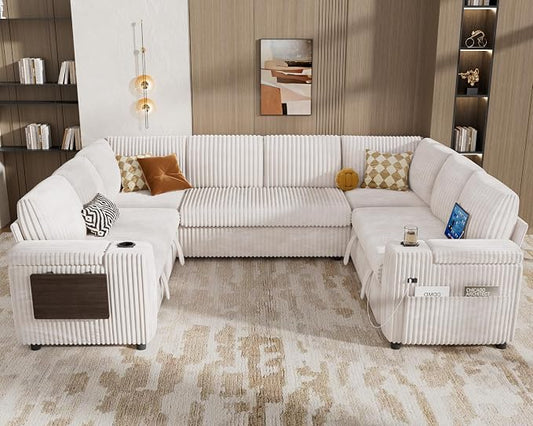 WEUP 111" Modular Sectional Sleeper Sofa with Pull Out Bed, 8 Seat Plush Corduroy U Shaped Couch with USB Ports|Cup Holders|Side Table|Storage Chaise Armrests Tool Free Assembly, Beige
