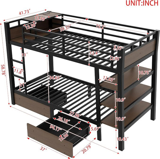 Bellemave Bunk Bed Twin Over Twin,Metal Bunk beds with Storage Shelves, LED Light Strip, and USB Power Strip, Upper Bed with Desk, Black