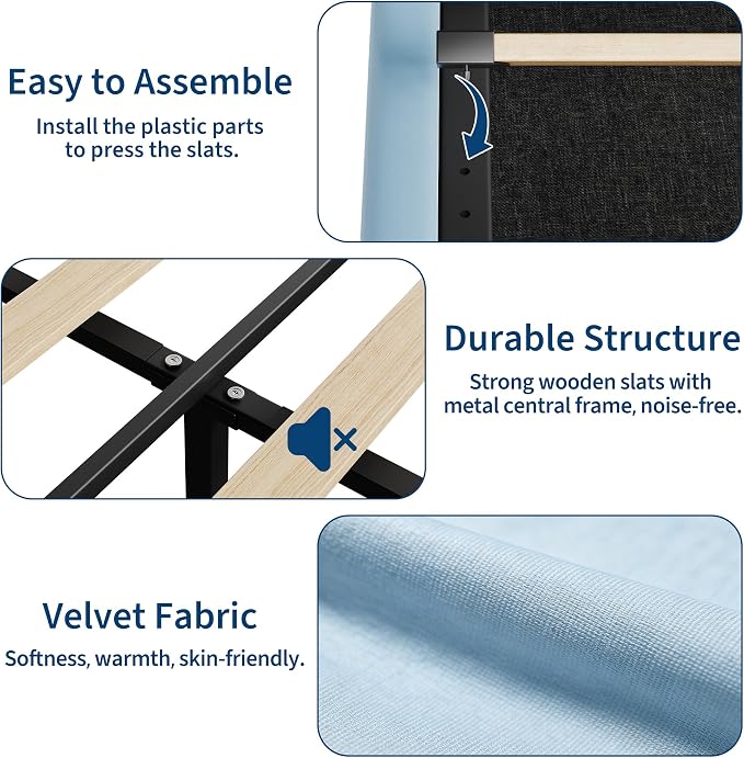 GarveeHome Twin Bed Frame with Storage Headboard, Kids Bed Frame with 2 Drawers, Velvet Upholstered Platform Bed Frame with Lights, No Box Spring Needed, Easy Assembly, Velvet Blue
