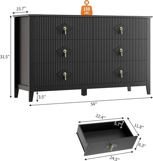 GarveeHome Fluted Dresser for Bedroom, 54 Inch Wide 6-Drawer Wood Dresser, Modern Chest of Drawers, Storage Organizer Cabinet for Living Room, Hallway, Entryway, Black
