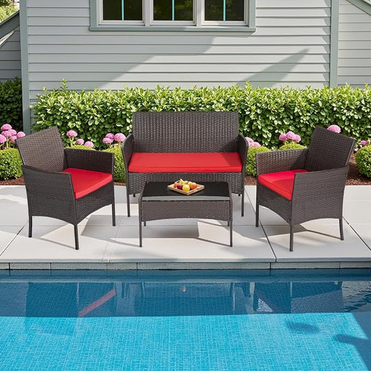 FDW Patio Furniture Set PE Rattan Patio Set Wicker Outdoor Furniture Bistro Set for Outdoor Indoor Use with Loveseats Coffee Table, Red Cushions, 4 Pieces