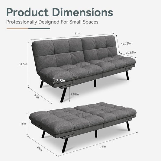 Futon Sofa Bed Convertible Couch, Grey Linen Sofa Bed with Memory Foam, Adjustable Backrest & Armrests, Multifunctional Small Loveseat Sleeper Sofa for Living Room, Apartment, Office