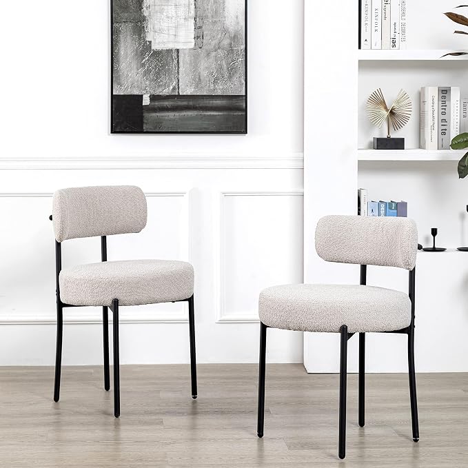 DYHOME Light Grey Boucle Dining Chairs Set of 4, Upholstered Kitchen Dining Room Chairs with Metal Legs, Round Modern Dining Room Chairs