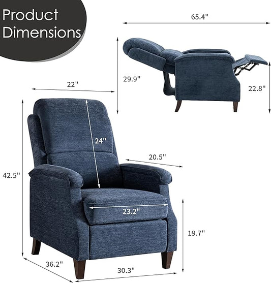 VKNOW Recliner Chair, Fabric Recliner with Soft Armrest, Home Theater Seating with Adjustable Push Back and Lumbar Support, Single Sofa for Adults, Lounge Chair for Living Room, Bedroom(Blue)