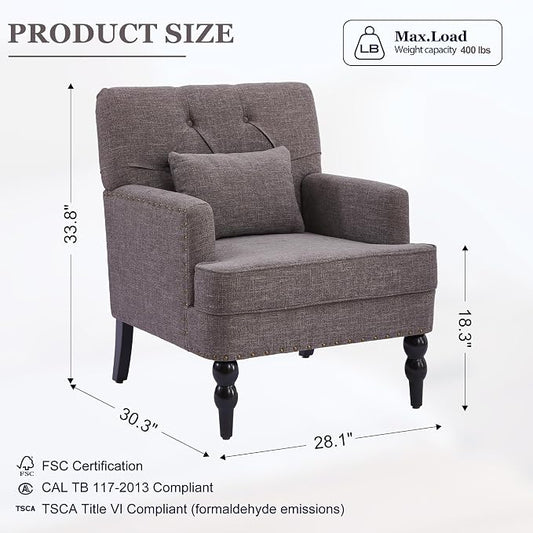 HUIMO Tufted Club Chair Set of 2 with Lumbar Pillow,Accent Chair Upholstered Button Armchair, Linen Fabric Sofa Chairs for Bedroom, Living Room, Mid Century Modern with Reading Chair (2, Gray)