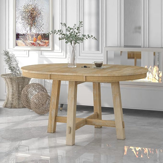 LUMISOL 42"-58" Extendable Round Dining Table for 4-8, Farmhouse Oval Kitchen Table with Removable Leaf, Solid Wood Dinner Tables for Kitchen, Dining Room, Small Space, Natural
