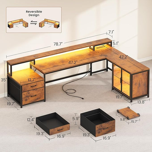 SEDETA 78.7” Large L Shaped Desk with Storage Drawers, Office Desk with File Drawer and Display Cabinet, L Shaped Gaming Desk with Storage, Power Outlet and LED Lights for Home Office, Rustic Brown