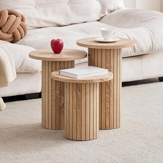 Round Side Tables Set of 3, Circle Modern Fluted Nesting Coffee Table, Accent End Table Set for Living Room and Bedroom, Natural