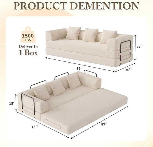89" Cloud Boneless Convertible Sofa Bed, 5-in-1 Foldable Compressed High-Density Sponge Sofa, Corduroy Fabric 3 Seater Sleeper Couch Futon Daybed for Living Room Bedroom (Beige)