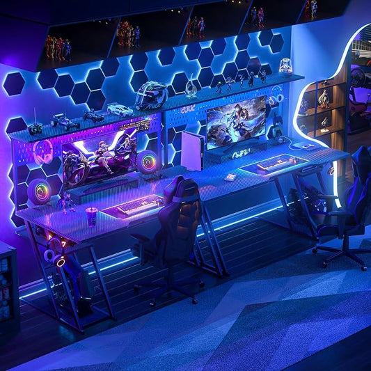Armocity Gaming Computer Desk with Hutch and LED Lights, 53'' Black Gaming Desk with Storage Shelves, Reversible PC Gamer Desks with Pegboard, Ergonomic Desk for Bedroom, Carbon Fiber Surface