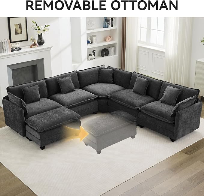 113'' V Shaped Cloud Sectional Sofa, Oversized Deep Seat Couches for Living Room, Chenille Comfy Upholstered Modular Sectional Sofa Couch, Dark Grey