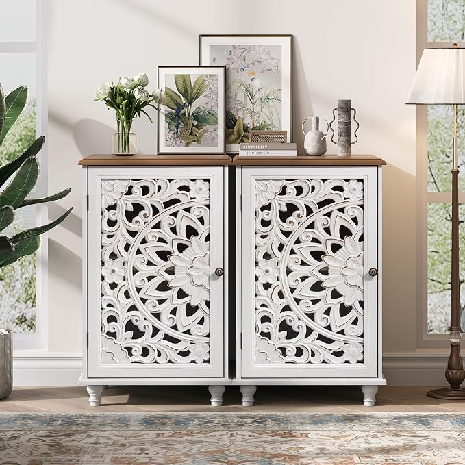 JOINICE Accent Storage Cabinet with Mandala Carved Doors,Small,White | Handcrafted Distressed Carvings,Vintage Floral Design for living room & office & bedroom,Solid Wood Legs,Adjustable Shelves