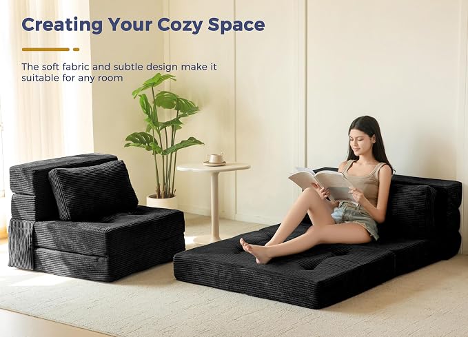 MAXYOYO Convertible Sofa Bed, Fold Out Loveseat Sofa Couch with Pillow, 4 in 1 Tufted Folding Couch Bed Foam Floor Couch, Lazy Chair for Living Room Bedroom Guest Room, Black