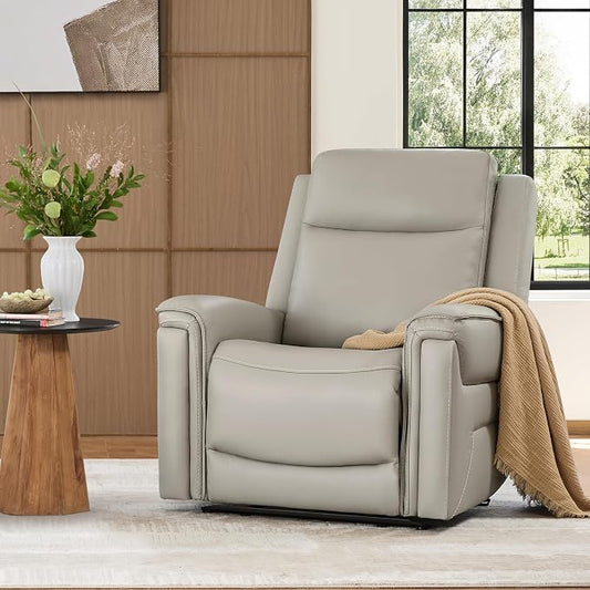 Watson & Whitely Super Zero Gravity Power Recliner Chair with Power Headrest, Genuine Leather Recliner with USB & Type-C Ports, Electric Reclining Sofa Chair for Living Room, Bedroom, Light Grey