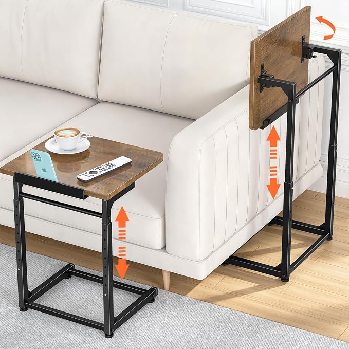 Tv Tray Table Set of 2, 8-Level Adjustable Height Couch Side Table,90° Tilt Angle Adjustments C-Shaped End Table, with Phone & Tablet Slot Sofa Computer Desk for Couch, Sofa, Bed, Chair, Living Room