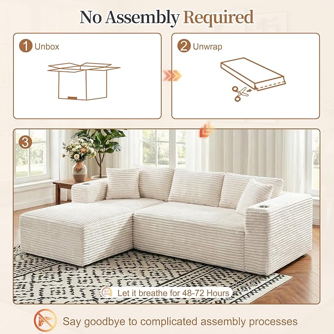 Vongrasig 103" Boneless Sectional Couches for Living Room, L-Shaped Chaise Modular Cloud Couch with Cup Holders on Armrests, Plush Corduroy Comfy Sofa with Memory Foam, No Assembly Required (Beige)