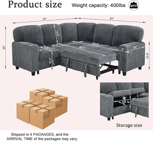 Sectional Sleeper Sofa with Pull Out Bed, Plush Corduroy L Shaped Corner Couch with Storage, USB Ports, Cup Holders, Comfy Sectional Couches for Living Room, Grey