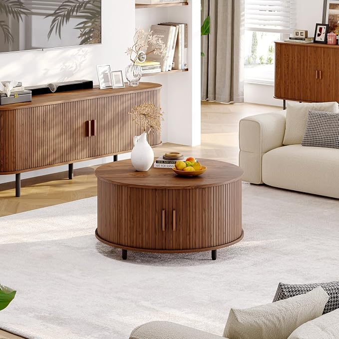 ONBRILL Round Coffee Table with Storage, 31.5" Modern Coffee Table with 360° Curved Sliding Door, Fluted Wood Accent Coffee Table with Adjustable Footpads, Round Center Table for Living Room, Walnut