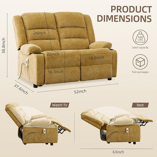 52Inch Reclining Loveseat Sofa,Power Loveseat Recliner,Electric Love seat Recliner Sofa for Bedroom,Living Room with Charging Ports,Yellow