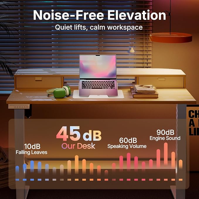 HUANUO 47.2" X 23.6" Electric Standing Desk with 2 Drawers, C-Clamp Mount Compatible, Height Adjustable Computer Desk, Home Office Stand Up Desk with 4 Preset Heights & 2 Hooks, Light Walnut