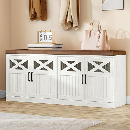 Hzuaneri 2 Tier Shoe Storage Bench with Doors, 47.2" Farmhouse Shoe Bench with Padded Cushion, 12 Pairs of Bed End Bench, Entryway Bench with Storage for Bedroom, Living Room, Rustic White SB61214KA