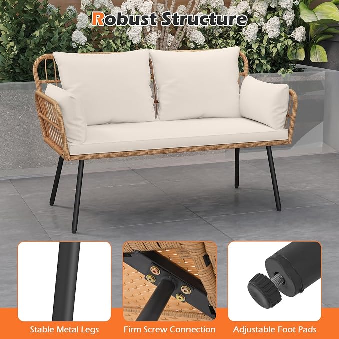 Tangkula Patio Wicker Loveseat, Outdoor 2-Seater PE Rattan Sofa with Pillows, Cushions, Metal Frame & Adjustable Foot Pads, 800 lbs Outside Couch for Porch, Backyard & Poolside (Off White, 50.5" L)