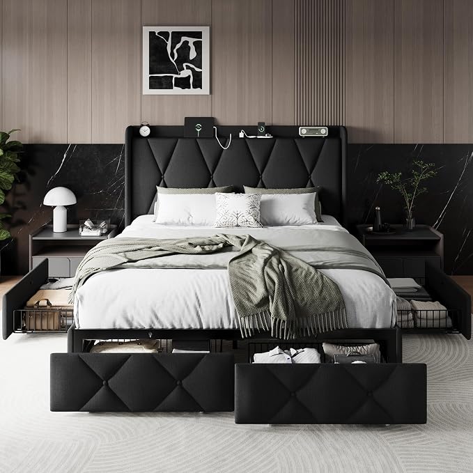 Einhomn Full Size Bed Frame with 4 Storage Drawers and Charging Station, Upholstered Platform Bed Frame with Storage Headboard, No Box Spring Needed, Easy Assembly, Black