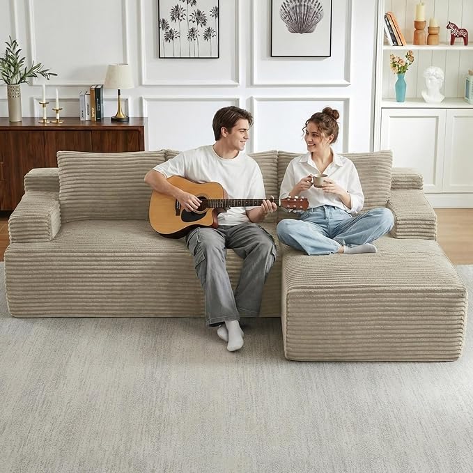 96" Cloud Sectional Couch with L-Shape Chaise, Modular Comfy Sofa Chaise Longue, Upholstered Corduroy Couches Sleeper with Deep Seat for Living Room Bedroom, No Assembly Required(Camel, Right Facing)