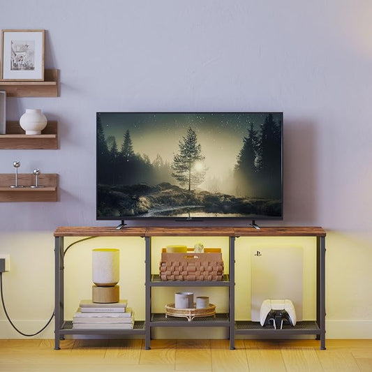 JARHETUN TV Stand with LED Lights for 55 Inch TV, Entertainment Center with 3-Tier Open Shelves, TV Console Table for Living Room, Bedroom, Rustic Brown