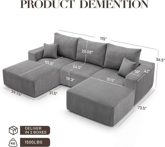 Living&Giving Sectional Couches for Living Room, 115" U Shaped Cloud Boneless Couch, Modular Sectional Sofa with Movable Ottoman, Modern Corduroy Sleeper Sofa for Bedroom, No Assembly Required, Gray