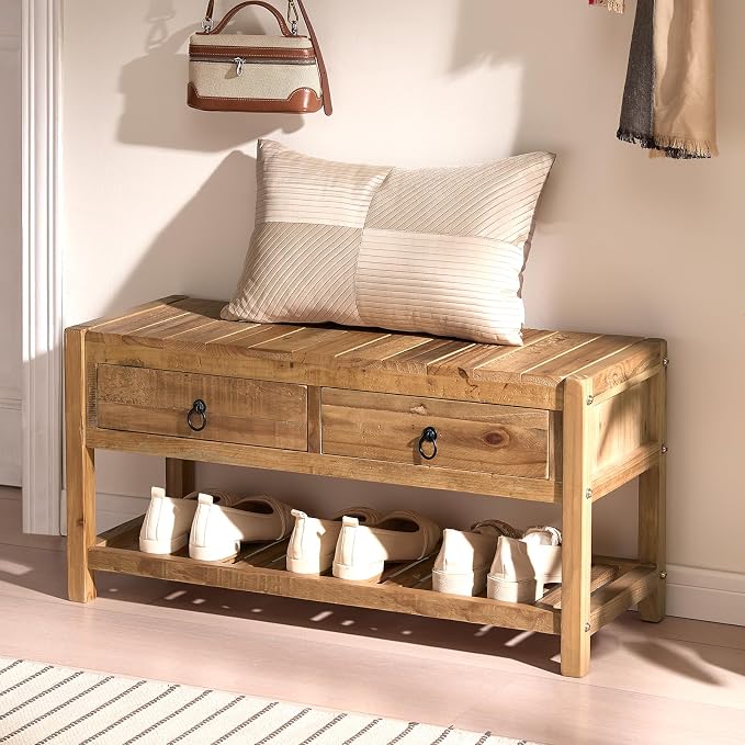 Wnutress 31.3" Reclaimed Solid Wood Benches with 2 Drawers & Slatted Storage Shelf, Rustic Farmhouse Long Entryway Bench Seat for Indoor, End of Bed, Living Room, Hallway, Natural Finsh